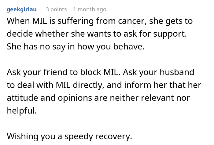 Text message discussing a woman battling cancer and issues with her mother-in-law calling her behavior tacky and dramatic. - 35