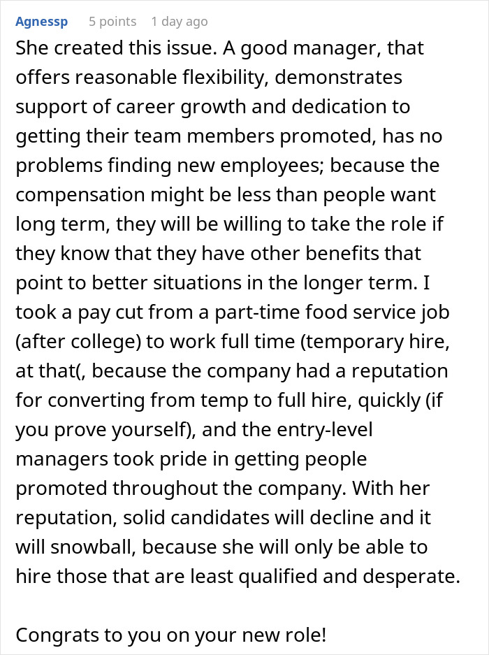 Comment discussing manager qualities, employee pay cuts, and challenges in hiring solid candidates after whistleblowing on boss stealing pay.