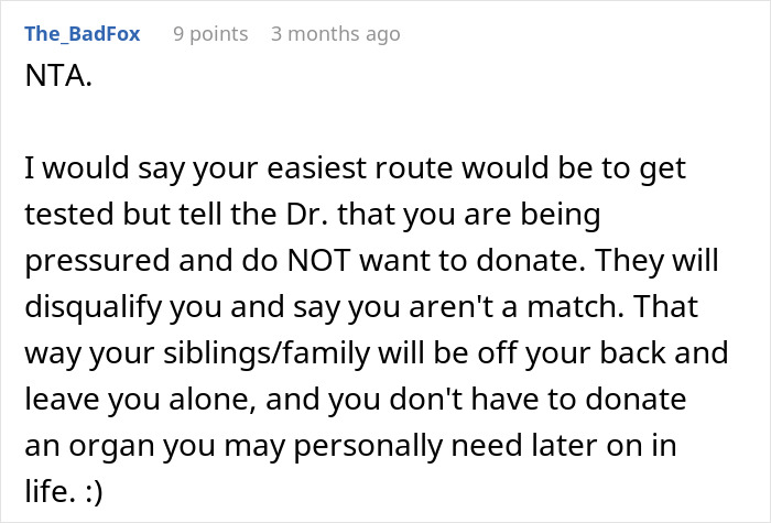 Screenshot of online comment advising not to donate an organ to the father who made childhood difficult.