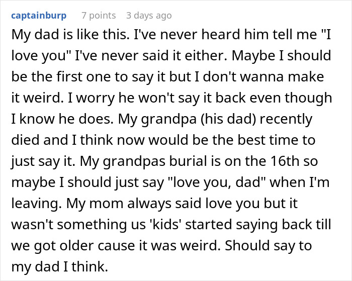 Text post about a person reflecting on their relationship with their dad and considering expressing love after his dad's death.