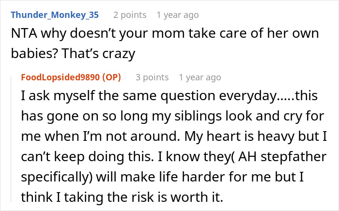 Reddit conversation where user expresses frustration about taking care of half-siblings and deciding to move out.