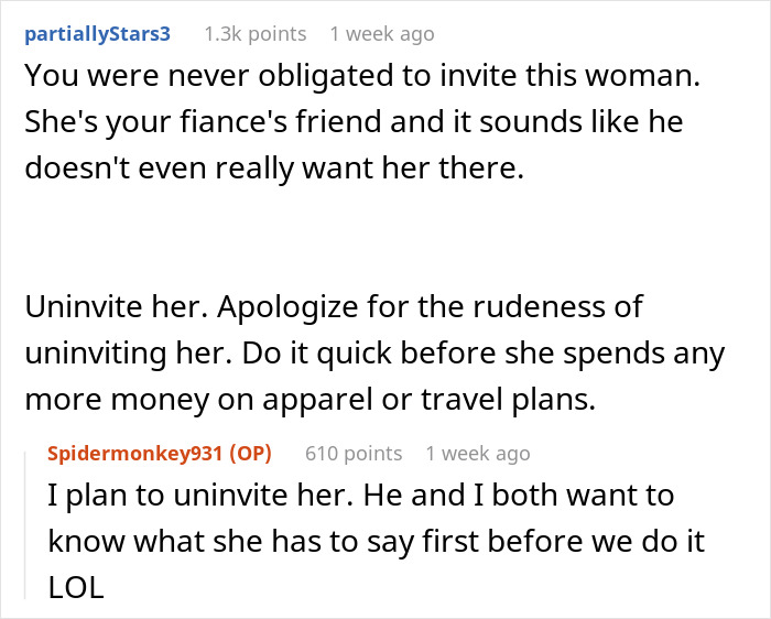 Comments discussing fiancé’s female friend demanding speech, matching dress, and best man role before the bride cuts ties. - 13
