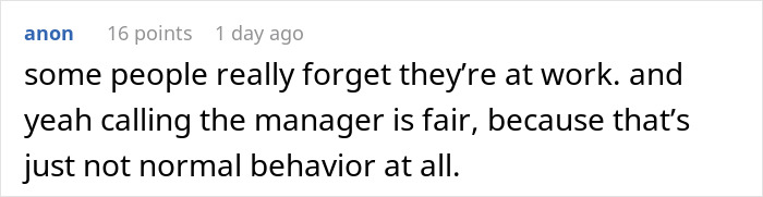 Comment text discussing inappropriate behavior at work, related to man taking back tip after waitress shames him.