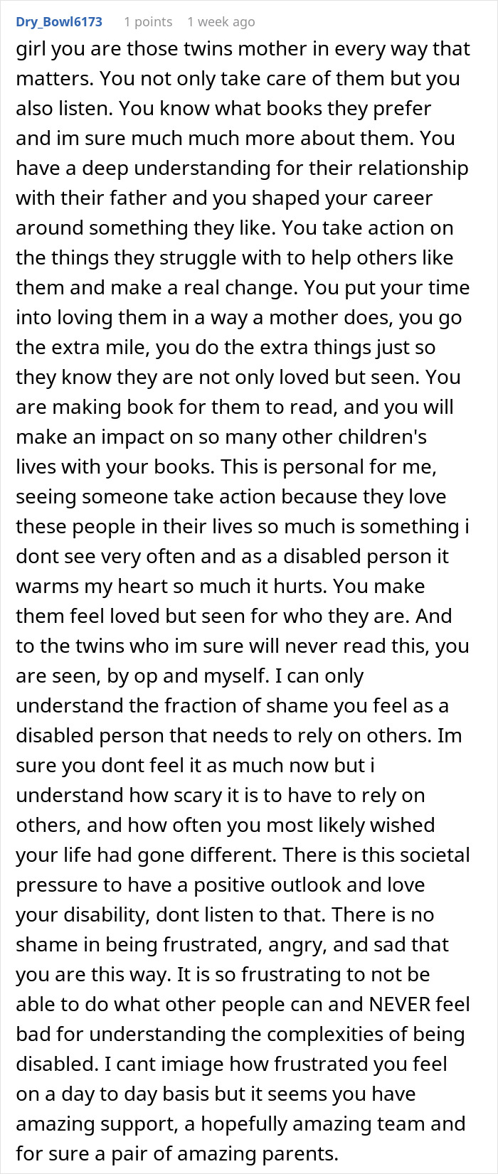 Comment expressing deep support for caregiving and understanding challenges of disabled siblings affecting marriage decisions.