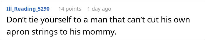 Screenshot of a forum comment about a man upset over his fiancee’s reaction to his mom having their house key. - 32