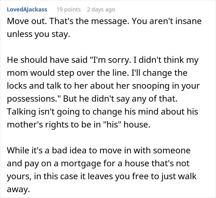 Comment discussing man's confusion over fiancee being upset about mother-in-law having house key without her knowledge. - 26