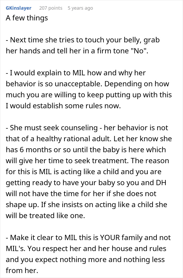 Text advice on handling MIL behavior at gender reveal, setting boundaries, and emphasizing family rules and counseling.