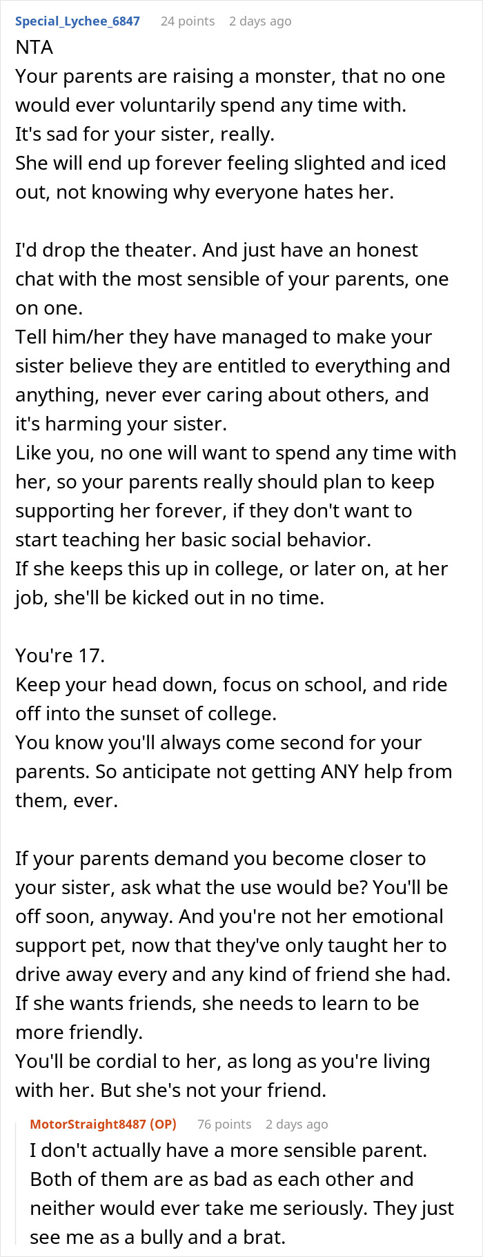 Alt text: Online discussion about golden child stealing brother&rsquo;s gifts and sibling birthday conflict shared on Reddit thread.