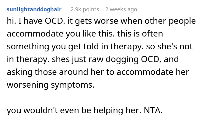 Text post discussing how accommodating others can worsen OCD symptoms, relating to triggered reactions from Jewish traditions.