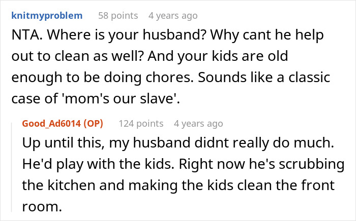 Conversation screenshot discussing a mother letting family live in filth to teach a lesson about chores.
