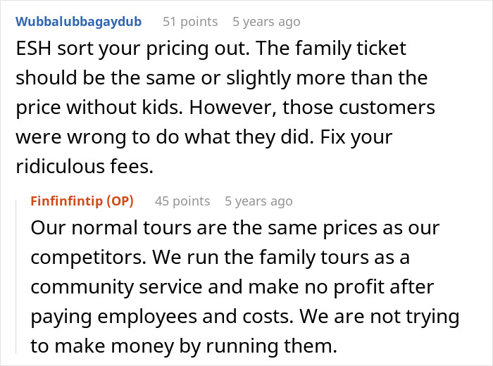 User comments discussing tour company pricing and policies after childfree couple denied from family tour result in bad reviews. - 27