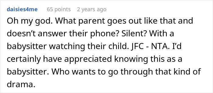 Comment from family blacklisted local babysitters expressing concern about parents not answering phone while child is watched.