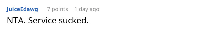 Screenshot of an online comment where a user criticizes poor service after a man takes back his tip.