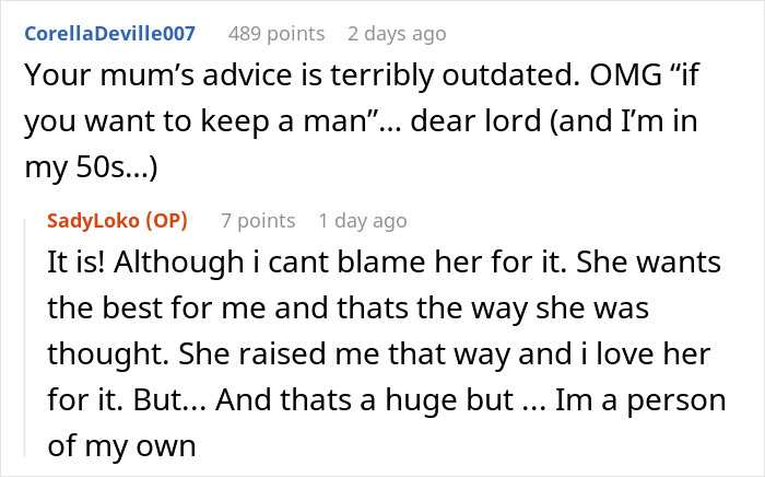 Screenshot of an online conversation about outdated advice in relationships, referencing a man calls his girlfriend sister incident.