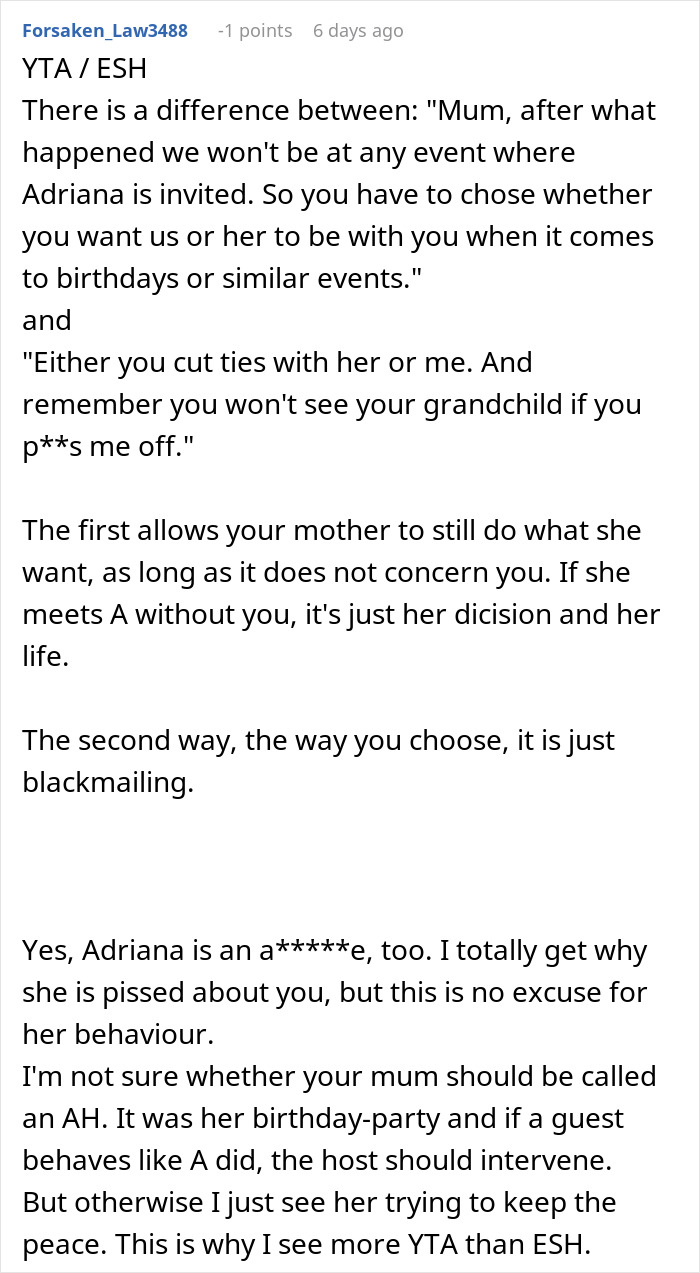 Comment discussing a man threatening to cut off his mother over her friendship with his vengeful ex. - 54