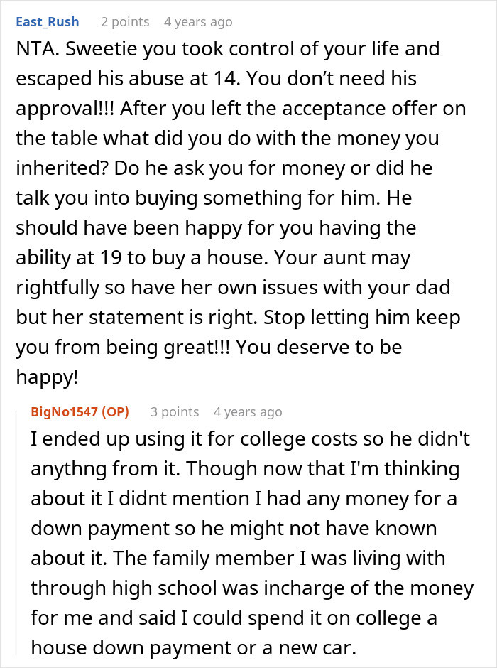 Reddit conversation about woman not sharing important news with dad after difficult past and controlling her own life.
