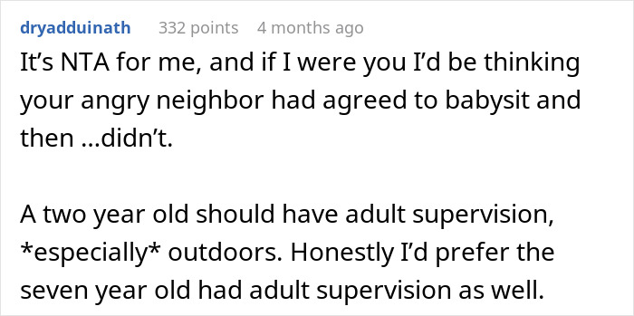 Screenshot of a forum comment discussing a neighbor&rsquo;s meltdown after calling cops on a 2-year-old wandering alone outdoors.