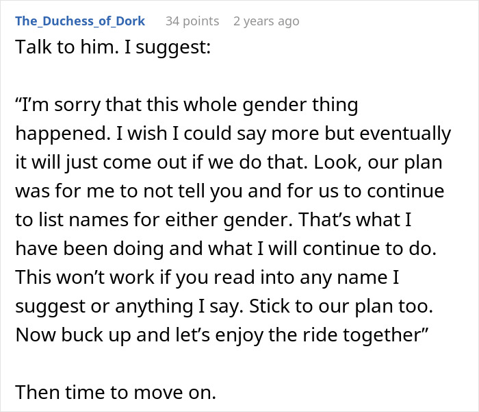 Alt text: A husband and wife discuss plans to avoid spoiling the gender of their baby amid tension and a disagreement.