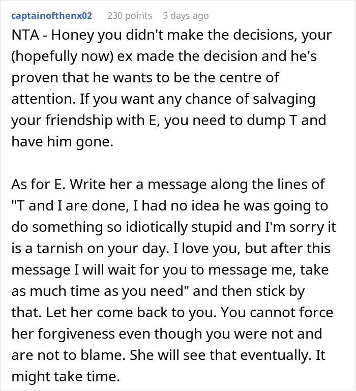 Text post from user captainofthenx02 advising to end a friendship after a public proposal causes embarrassment and tears. - 23