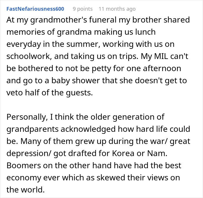 Text comment discussing generational differences in parenting and grandparent roles with mixed opinions shared online. Text comment discussing generational differences in parenting and grandparent roles with mixed opinions shared online.