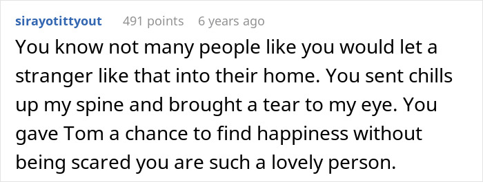 Comment expressing gratitude for kindness to a man on patio, mentioning autism and describing a creepy experience.