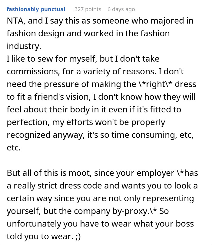 Comment discussing a woman refusing to wear niece&rsquo;s handmade dress for a career event due to strict dress codes.