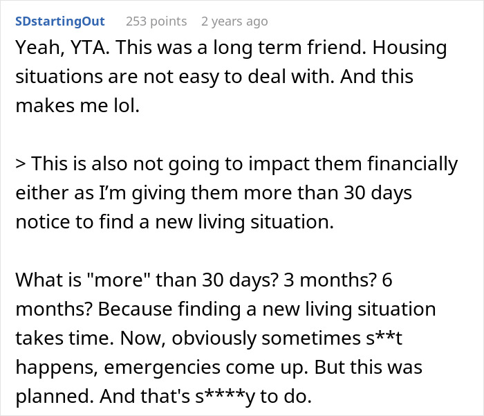 Comment discussing a roommate not telling about buying a house until closed and the challenges of housing situations.