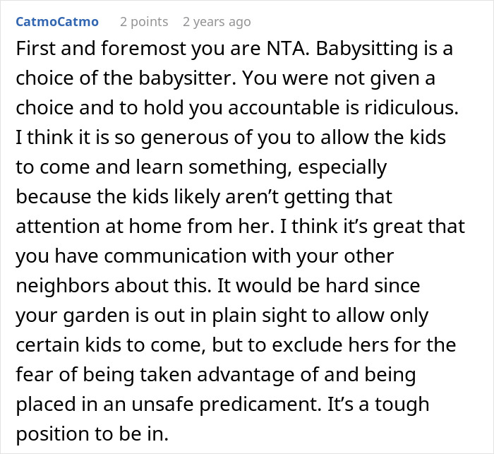 Comment explaining why man bans children from his property due to entitled parent causing unsafe situation. - 45