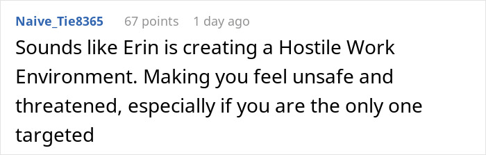 Comment discussing a hostile work environment and feeling unsafe due to targeted workplace behavior impacting morale. - 23