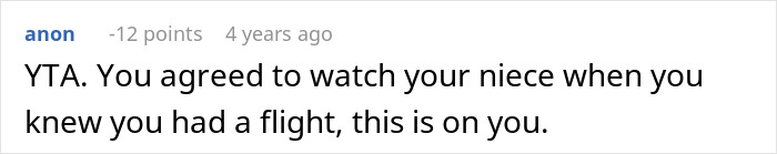 Comment on a forum post discussing a woman missing a flight due to babysitting niece and being denied compensation by parents. - 33