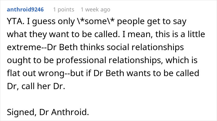 Comment discussing an aunt with PhD expecting her family to call her doctor in social relationships. - 50