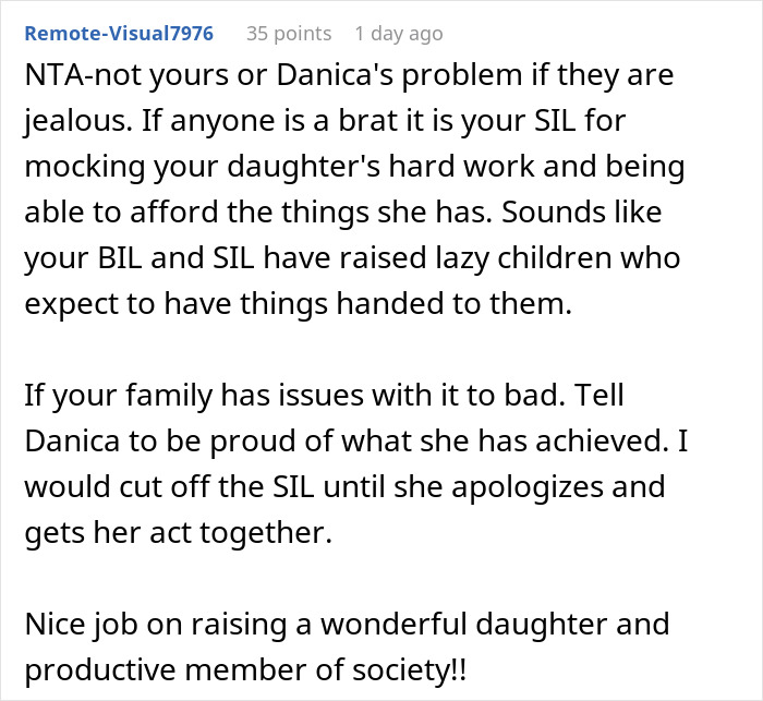 Comment text discussing jealousy and family conflict over a 21-year-old spending hard-earned money on a vacation.