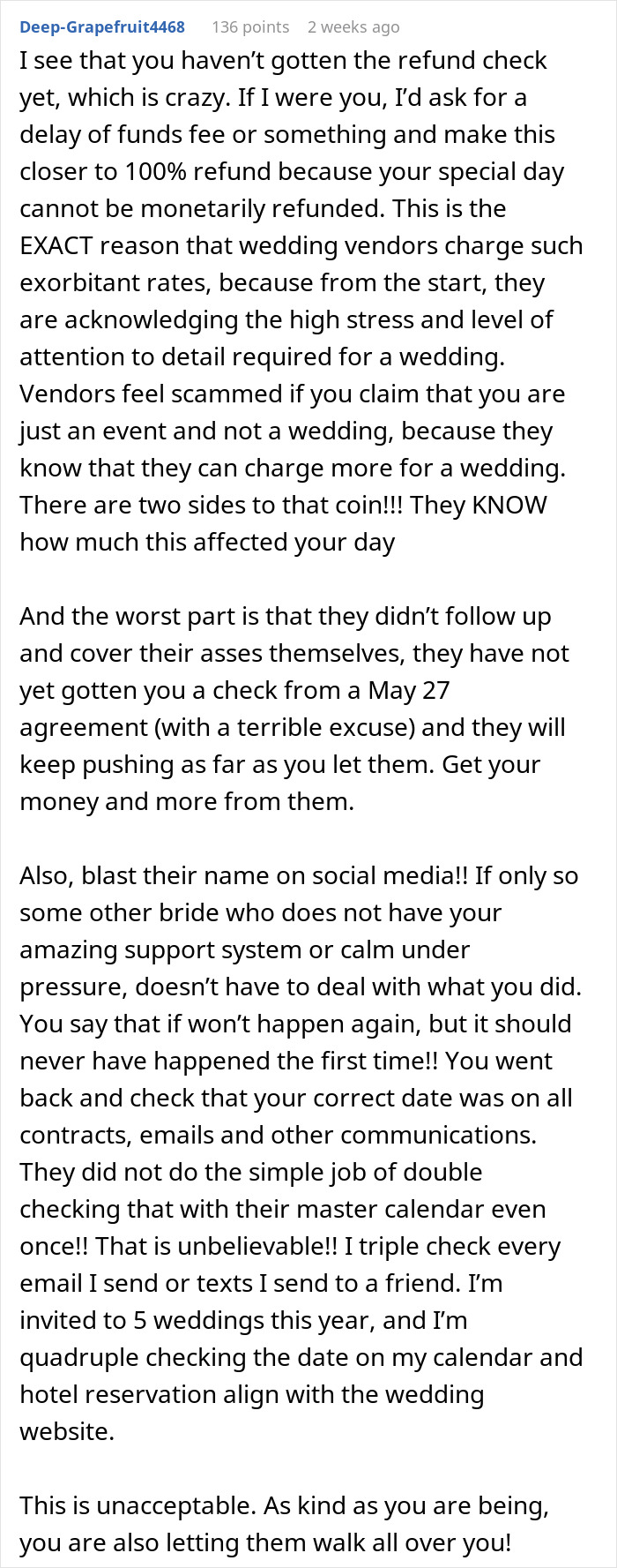 Bride finds out caterers got wedding date wrong just one hour before ceremony, causing stress and last-minute chaos.