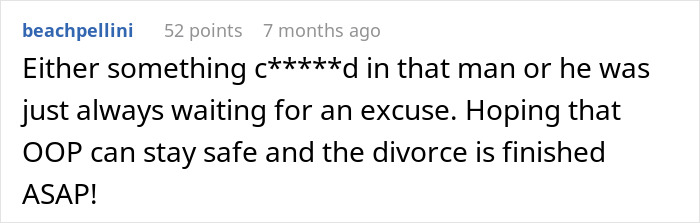 Comment expressing concern for drunk wife flashing husband’s friends and hoping for safety and quick divorce resolution - 42