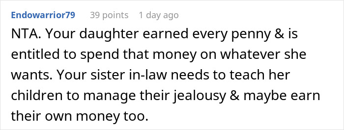 Reddit comment defending a 21-year-old spending her hard-earned money on a family vacation amid jealousy concerns.