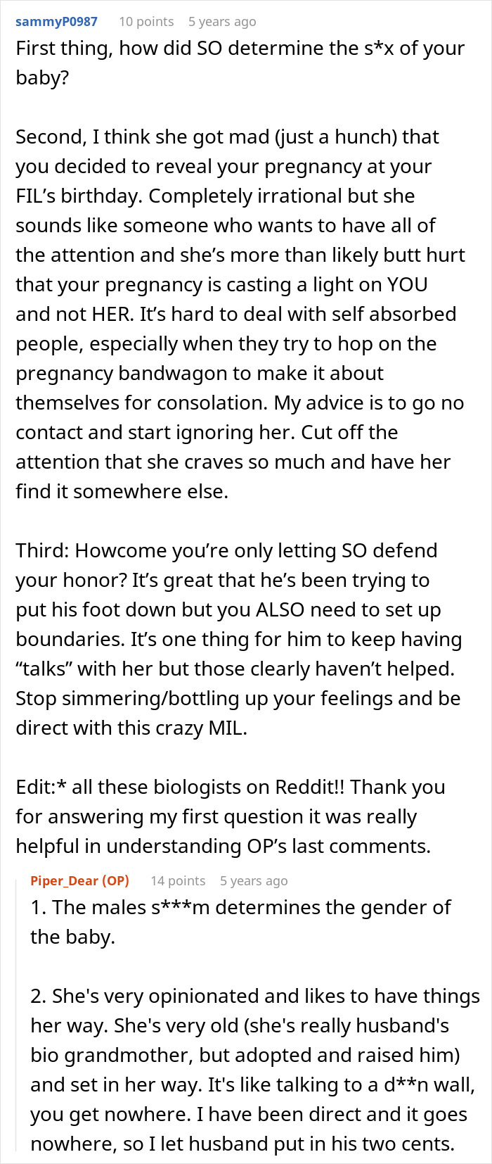 Reddit advice discussing a MIL causing drama at a gender reveal and trying to make it about herself.