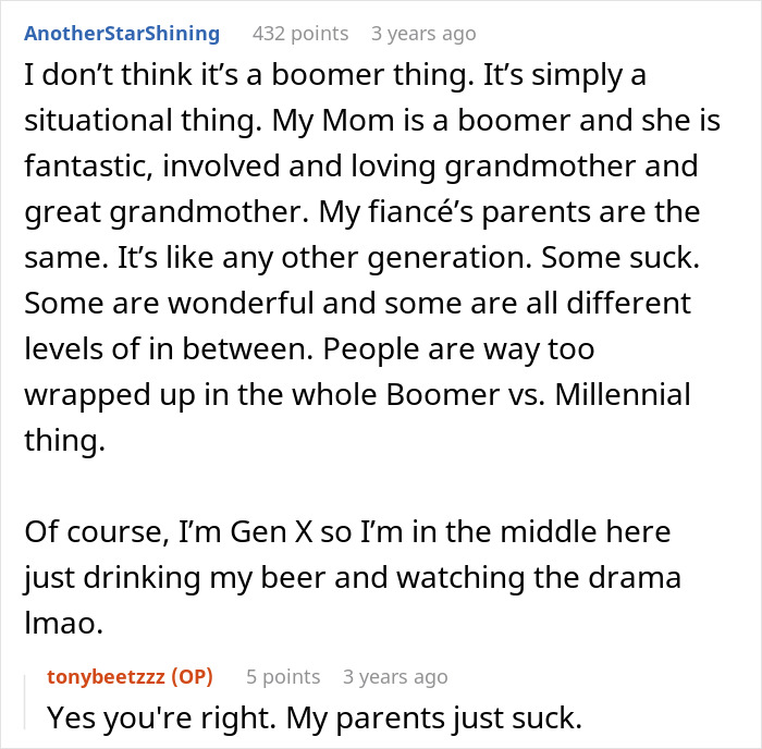 Screenshot of a discussion about modern parents and generational differences with mixed reactions online. Screenshot of a discussion about modern parents and generational differences with mixed reactions online.