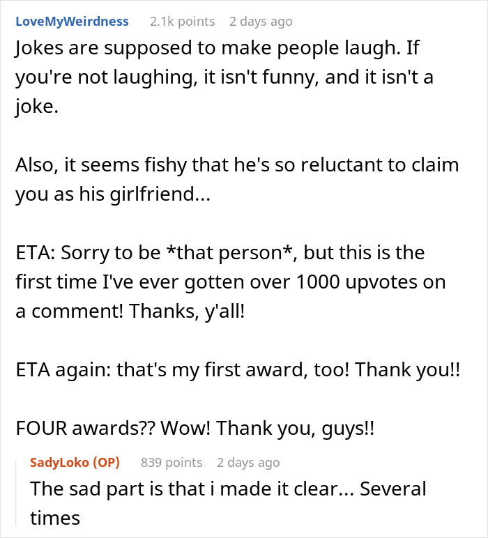 Reddit thread discussing a man who calls his girlfriend sister, highlighting confusion and reactions in comments.
