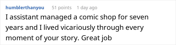 Comment from a former comic shop assistant manager praising a story about Stargate spoilers and payback at the register.