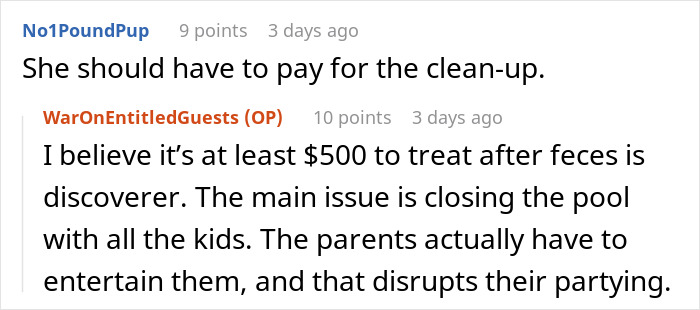 Screenshot of a Reddit discussion about Karen's kid poop hotel pool cleanup costs and issues with closing the pool for kids. - 19
