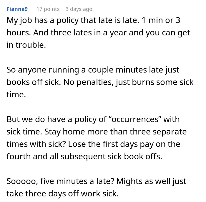Screenshot of a Reddit comment explaining the same penalty for being minutes or hours late at work policy.