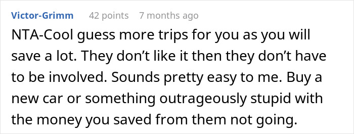 Screenshot of online comment discussing trips and saving money after nephew bailed on previous vacations causing backlash.
