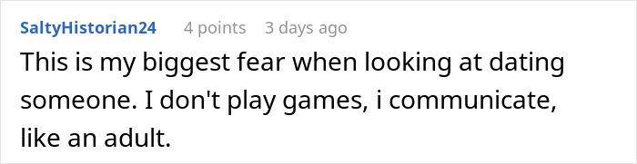 Screenshot of a social media comment about dating fears related to failing a girlfriend’s weird story test and moving on. - 36