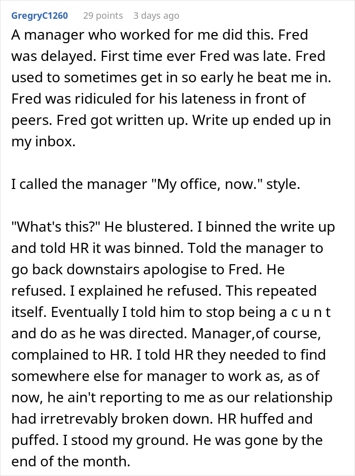 Text screenshot showing a story about workplace lateness, penalties, and conflict with management over fairness in lateness policy.