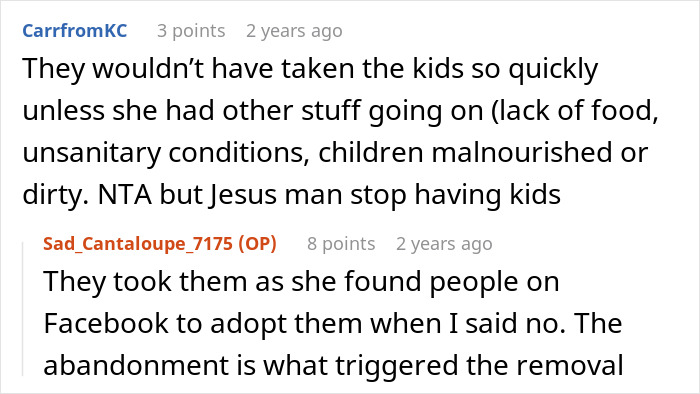 Comments discussing a mom of 6 trying to give two adopted kids to her ex during divorce, leading to CPS involvement.