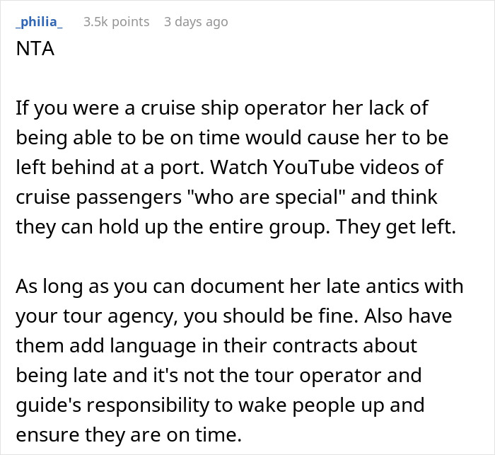Comment discussing a tourist oversleeping repeatedly and blaming the guide for not waking her during a group tour. - 18