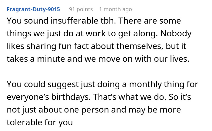 Comment expressing frustration at workplace birthday traditions, suggesting a monthly group celebration to ease annoyed worker birthday cake tension. - 29