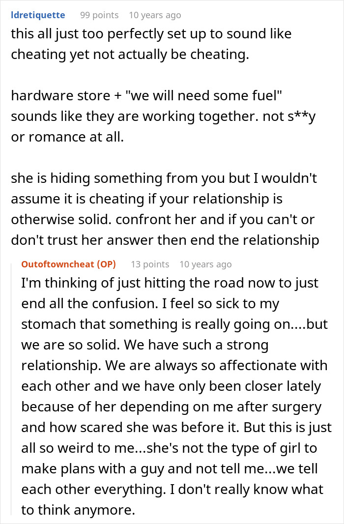 Screenshot of a forum discussion about a best friend who saw a girlfriend with another man questioning trust and relationship.