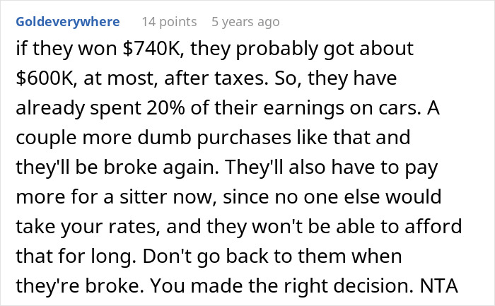 Screenshot of online comment discussing lottery winnings and the decision to stop babysitting due to unpaid fees. - 35