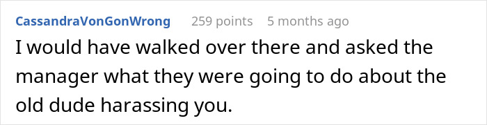 Comment from a user expressing support against a boomer complaining about stranger’s pants and shocked by his response. - 26